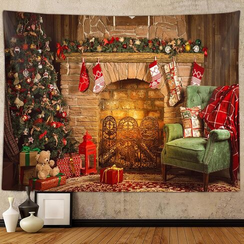 خلفية نسيج عيد الميلاد، مدفأة عيد الميلاد شجرة عيد الميلاد مكان الحريق سانتا كلوز الفن المفروشات الجدار شنقا لحفلة المعيشة في الهواء الطلق عطلة الشتاء ديكور خلفية 60x40 "ملصق in Kuwait