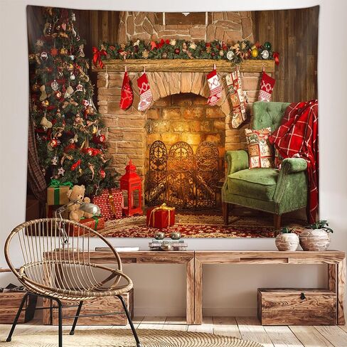 خلفية نسيج عيد الميلاد، مدفأة عيد الميلاد شجرة عيد الميلاد مكان الحريق سانتا كلوز الفن المفروشات الجدار شنقا لحفلة المعيشة في الهواء الطلق عطلة الشتاء ديكور خلفية 60x40 "ملصق in Kuwait
