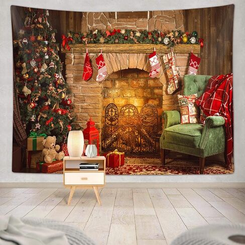خلفية نسيج عيد الميلاد، مدفأة عيد الميلاد شجرة عيد الميلاد مكان الحريق سانتا كلوز الفن المفروشات الجدار شنقا لحفلة المعيشة في الهواء الطلق عطلة الشتاء ديكور خلفية 60x40 "ملصق in Kuwait