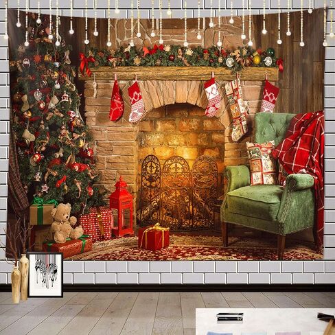 خلفية نسيج عيد الميلاد، مدفأة عيد الميلاد شجرة عيد الميلاد مكان الحريق سانتا كلوز الفن المفروشات الجدار شنقا لحفلة المعيشة في الهواء الطلق عطلة الشتاء ديكور خلفية 60x40 "ملصق in Kuwait