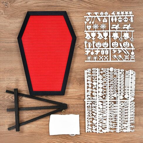 لوحة حروف التابوت - 520 شخصية من شخصيات الهالوين المخيفة مع حامل خشبي وحقيبة قماش - 16 × 11 بوصة - لوحة رسائل لباد لمستلزمات وديكور الهالوين في المنزل والمكتب (أسود) in Kuwait