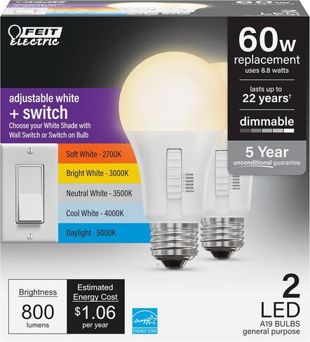 Feit Electric A19 LED Light Bulb, 60W Equivalent, Dimmable, Color Selectable 6-Way, E26 Medium Base, 90 CRI, 800 Lumens, 22-Year Lifetime, OM60DM/6WYCA/2, 2-Pack in Saudi Arabia