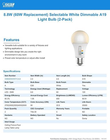 Feit Electric A19 LED Light Bulb, 60W Equivalent, Dimmable, Color Selectable 6-Way, E26 Medium Base, 90 CRI, 800 Lumens, 22-Year Lifetime, OM60DM/6WYCA/2, 2-Pack in Saudi Arabia