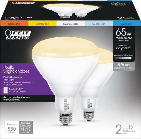 Feit Electric A19 LED Light Bulb, 60W Equivalent, Dimmable, Color Selectable 6-Way, E26 Medium Base, 90 CRI, 800 Lumens, 22-Year Lifetime, OM60DM/6WYCA/2, 2-Pack in Saudi Arabia
