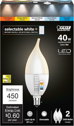 Feit Electric A19 LED Light Bulb, 60W Equivalent, Dimmable, Color Selectable 6-Way, E26 Medium Base, 90 CRI, 800 Lumens, 22-Year Lifetime, OM60DM/6WYCA/2, 2-Pack in Saudi Arabia