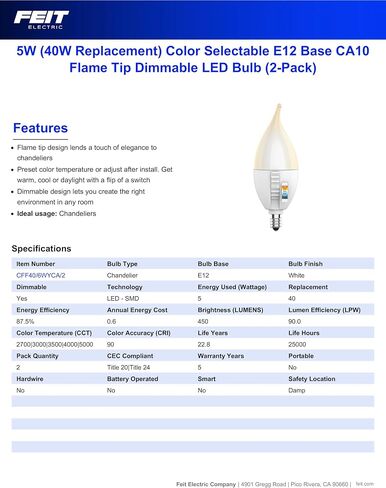 Feit Electric A19 LED Light Bulb, 60W Equivalent, Dimmable, Color Selectable 6-Way, E26 Medium Base, 90 CRI, 800 Lumens, 22-Year Lifetime, OM60DM/6WYCA/2, 2-Pack in Saudi Arabia