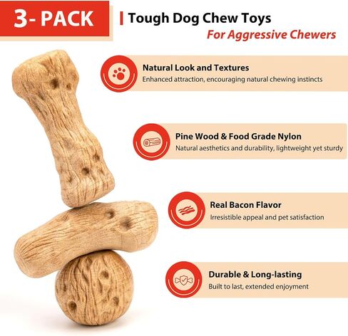 2-Pack Dog Chew Toys for Aggressive Chewers Large Breed Pine Wood and Nylon Dog Toys for Large Dogs Real Bacon Indestructible Dog Toys to Keep Them Busy in Saudi Arabia