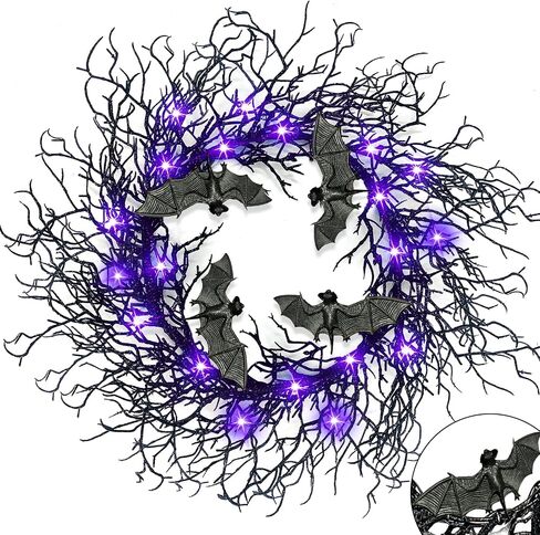 [ Thick & Timer ] 18 Inch Prelit Halloween Bat Wreath with 20 LED Purple Lights for Front Door Halloween Decorations Glitter Black Wreath Battery Operated Halloween Decor Home Party Indoor Outdoor in Saudi Arabia