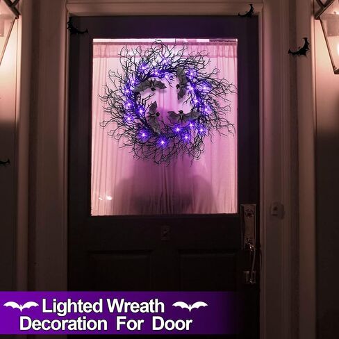 [ Thick & Timer ] 18 Inch Prelit Halloween Bat Wreath with 20 LED Purple Lights for Front Door Halloween Decorations Glitter Black Wreath Battery Operated Halloween Decor Home Party Indoor Outdoor in Saudi Arabia