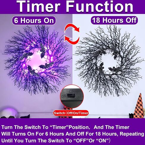 [ Thick & Timer ] 18 Inch Prelit Halloween Bat Wreath with 20 LED Purple Lights for Front Door Halloween Decorations Glitter Black Wreath Battery Operated Halloween Decor Home Party Indoor Outdoor in Saudi Arabia