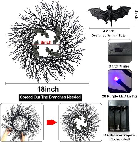 [ Thick & Timer ] 18 Inch Prelit Halloween Bat Wreath with 20 LED Purple Lights for Front Door Halloween Decorations Glitter Black Wreath Battery Operated Halloween Decor Home Party Indoor Outdoor in Saudi Arabia