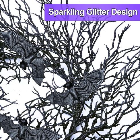 [ Thick & Timer ] 18 Inch Prelit Halloween Bat Wreath with 20 LED Purple Lights for Front Door Halloween Decorations Glitter Black Wreath Battery Operated Halloween Decor Home Party Indoor Outdoor in Saudi Arabia