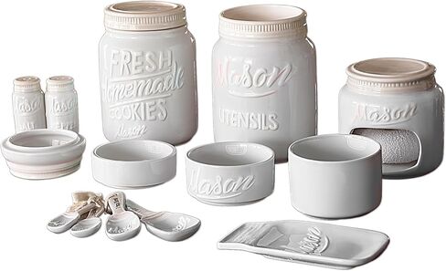 Mason Jar Kitchenware Set - Kitchen Accessories - Measuring Cups & Spoons, Spoon Rest, Condiment Shakers, Sponge Holder, Ceramic Jar, Utensil Crock - Kitchen Counter Decor Accessories Red 17 Pc in Saudi Arabia