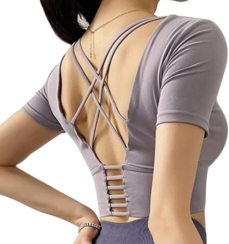 Strappy Sports Bra Medium Impact Sexy Criss Cross Back Workout Tops Padded Longline Yoga Bra in Saudi Arabia