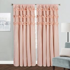 Luxurious Peach Pink Blackout Curtains with 3 Rows of Handmade Butterfly Flower Ruffles, Room Darkening and Soundproof Window Curtain 54" x 84", 2 Panels, Machine Washable (LQ-37)