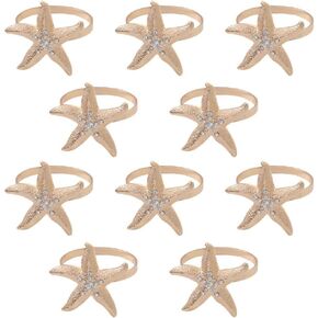 Starfish Napkin Rings, Metal Rhinestone Napkin Ring Set of 10 for Dinner Party, Christmas, Wedding, Family Reunion or Everyday Use, Beach Coast Themed Napkin Table Decoration Accessories (Gold)