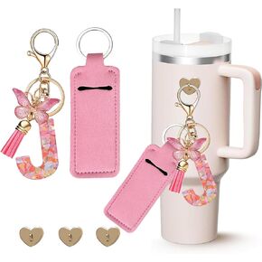 Letter Charm Accessories for Stanley Cup with Mini Hooks & Lipstick Chapstick Holder & Tassel Butterfly Cute Initial Name Id Keychain Compatible with Stanley Tumbler 40oz for Women Girls, J…