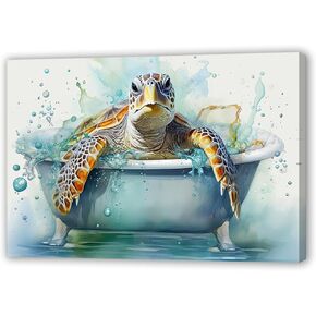 QIXIANG Sea Turtle Bathroom Wall Art Funny Sea Turtle in Bathtub Canvas Painting Art Ocean Animal Watercolor Pictures Framed Ready to Hang (Sea Turtle 2, 12.00" x 18.00")