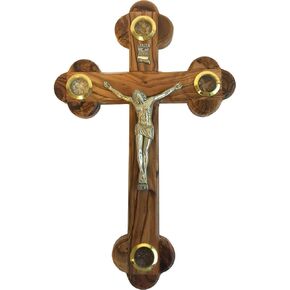 Holy Land Market Mini Olive Wood Cross Crucifix with Holy Essences - 5.5 Inches.