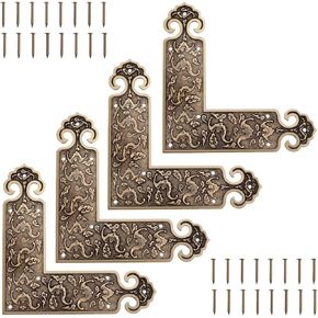 Create idea 4pcs Decorative Corner Connectors Fittings Angle Brackets with 32 Screws Antique Vintage Brass Design Brackets Protection Connection 89x89mm
