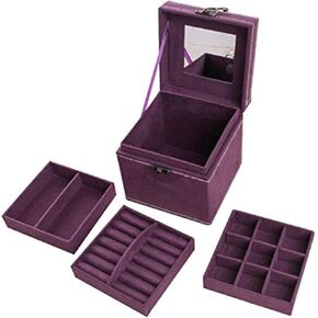 3-Layer lint Jewelry Box Organizer Display Storage case with Lock (Purple, 4.72" x 4.72" x 4.72")