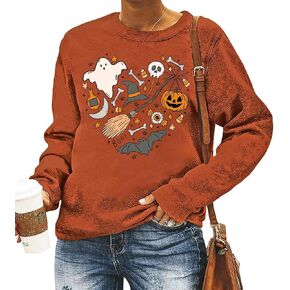 FCHICH Halloween Doodles Sweatshirt Women Cute Vintage Graphic Halloween Party Tshirt Casual Long Sleeve Pullover Tops