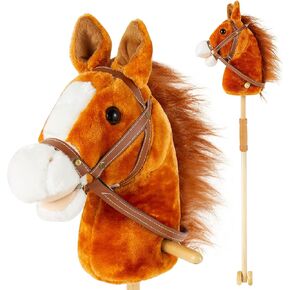 Kids Toy Horse, Plush Horse Riding Stick with Ponytail, Handsewn Head, Sturdy Wood Stick, Plus Neighing & Clip-Clop Sounds, Dark Brown