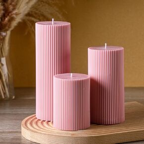 Ribbed Pillar Candles Set of 3, Width 3" High 4" 6" 8" Large Soy Wax Scented Pillar Candles Aesthetic Candles Ribbed Candles Modern Home Decor for Bathroom Living Room (Bean Green)