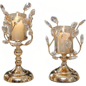 SAYTAY Crystal Candle Holders, 2 Pcs Gold Metal Crystal Pillar Candlesticks Holders for Wedding Party, Luxury Crystal Flower Candle Holder for Table Centerpieces Home Decor Housewarming Gift (Gold)