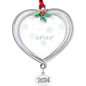 Christmas Tree Ornament Picture Frame Metal Hanging Pendant Holiday 2.5" Photo Frame Charm Decorative of Pets, Baby First Christmas, Family (2024 Christmas Wreath)