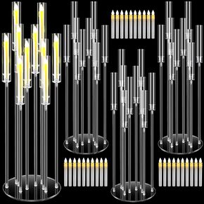 4 Pcs 10 Arm Acrylic Floor Candelabras Centerpieces with 40 LED Candles 46.5'' Wedding Candle Holder Clear Candelabra with Removable Lampshade Fit 0.8 LED Candle for Party Dinner Table Home