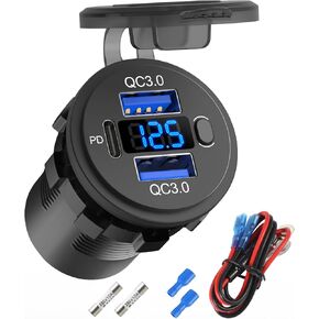 2 Pack 12 Volt USB Outlet Dual Quick Charge 3.0 Port and PD3.0 USB C Car Battery Chargers Socket, Waterproof 12V Power Outlet Cigarette Lighter Replacement DIY Kit with Voltmeter and Switch
