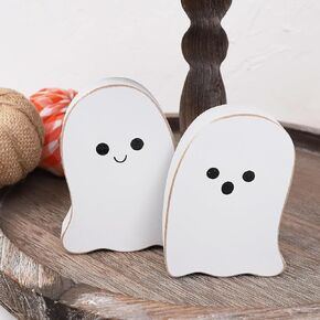 2 Pieces Halloween Decorations Wood Halloween Ghost Sign - Halloween Tiered Tray Decor, Distressed Wood Standing Ghost Sign for Halloween Party, Halloween Table Decor