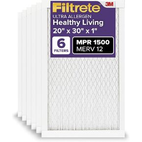 Filtrete 20x30x1 AC Furnace Air Filter, MERV 12, MPR 1500, CERTIFIED asthma & allergy friendly, 3 Month Pleated 1-Inch Electrostatic Air Cleaning Filter, 6-Pack (Actual Size 19.81x29.81x0.78 in)