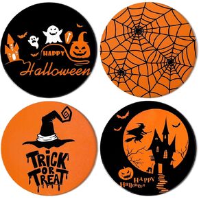 4Pcs Halloween Coasters Orange Black Round Ceramic Coaster Trick or Treat Heat-Resistant Cup Mats for Wooden Table Protection Home Party Supplies