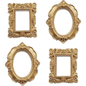 4 Pcs Mini Gold Picture Frames, Tiny Vintage Picture Frames Antique Small Photo Frame for Home Hotel Christmas Decor Table Top Jewelry Display Shooting Photo Props (Gold)