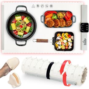 Portable Food Warming Mat with Mitts - Electric Warming Mat for Food Having 5 Temperature Levels & 4 Timer Presets | Versatile Water & Stain Resistant Food Heating Mat for Parties, Buffets