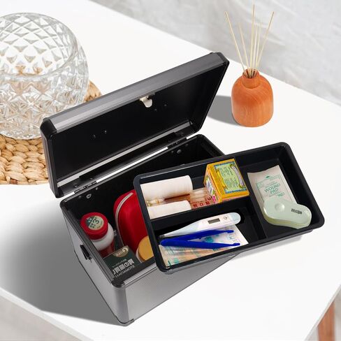 Medicine Lock Box with Key, Alluminum Alloy Box for Medication,First aid kit with a Removeable Tray to Store Medicines & Pills for Home,Black 10 * 6.89 * 6.89 Inch in Saudi Arabia