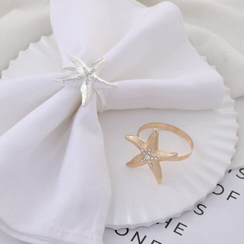 Starfish Napkin Rings, Metal Rhinestone Napkin Ring Set of 10 for Dinner Party, Christmas, Wedding, Family Reunion or Everyday Use, Beach Coast Themed Napkin Table Decoration Accessories (Gold) in Saudi Arabia