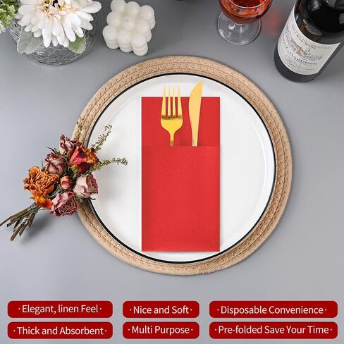 CHEFCAT Black Disposable Dinner Napkins with Built-in Flatware Pocket, Linen Feel Airlaid Paper Napkins, Prefolded for Party,Wedding, Restaurant & Dinner, Pack of 50 in Saudi Arabia