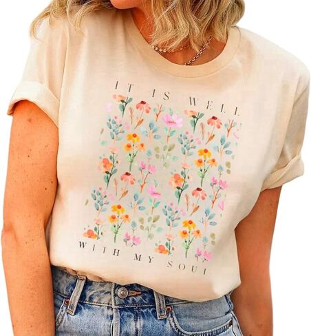 قمصان مسيحية للنساء كلاسيكية آية الكتاب المقدس بوهو الأزهار الجرافيك المحملات الهدايا المسيحية لها in Kuwait