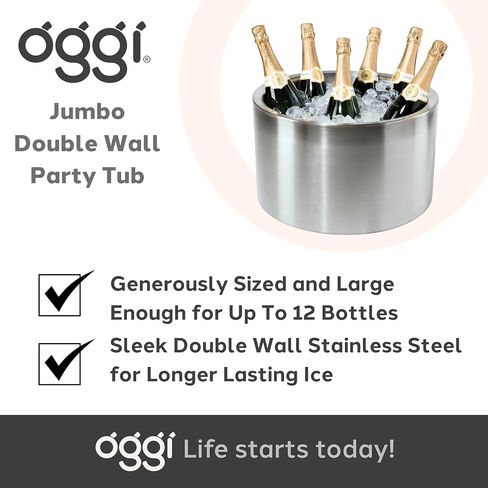 OGGI Jumbo Stainless Steel Double Wall Party Tub - Holds up to 12 bottles of wine or champagne. Size 16.5" by 9.75". in Saudi Arabia