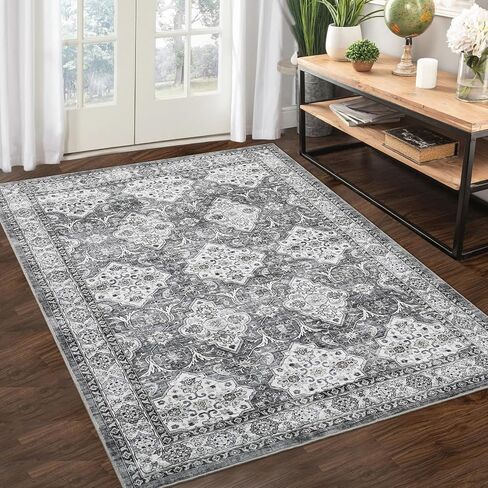 Area Rug 9x12 Machine Washable Rug Non Slip Distressed Rug Stain Resistant Soft Rug Low Pile Foldable Carpet Farmhouse Rug for Living Room Bedroom, Grey in Saudi Arabia