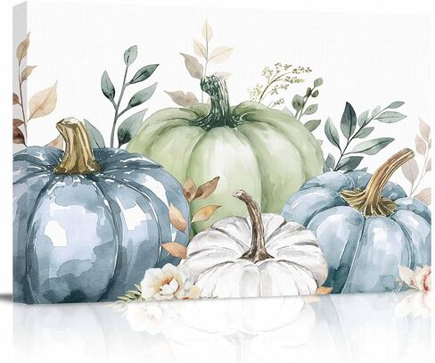 Fall Canvas Wall Art - Thanksgiving Blue Green White Pumpkin - Modern Wall Decor Gallery Canvas Wraps Giclee Print Stretched and Framed Ready to Hang - 20" x 24" in Kuwait