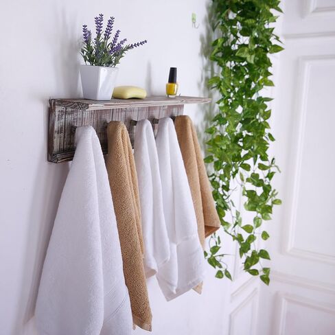 MyGift Wall Mounted Rustic Solid Torched Wood Towel Hanger Hooks and Floating Display Shelf Rack with 5 Hooks in Saudi Arabia