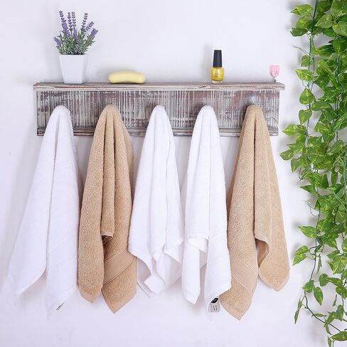 MyGift Wall Mounted Rustic Solid Torched Wood Towel Hanger Hooks and Floating Display Shelf Rack with 5 Hooks in Saudi Arabia