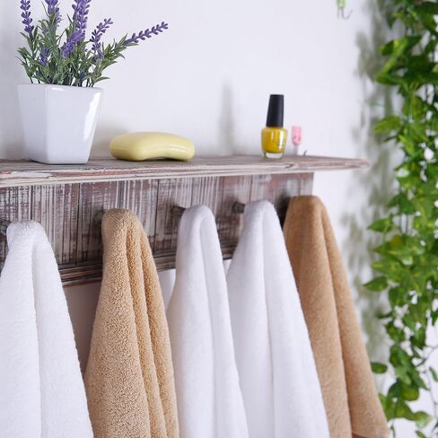 MyGift Wall Mounted Rustic Solid Torched Wood Towel Hanger Hooks and Floating Display Shelf Rack with 5 Hooks in Saudi Arabia