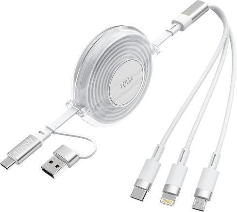 كابل شحن متعدد، كابل USB C قابل للسحب 100 واط، أساسيات السفر، 5 في 1 USB A/C إلى USB C/Lightning/Micro USB سلك شحن سريع لهاتف iPhone 15/14/13 وSamsung وMacBook وiPad وKindle in Saudi Arabia