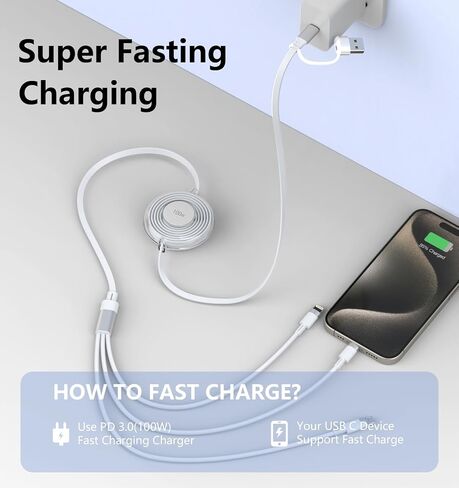كابل شحن متعدد، كابل USB C قابل للسحب 100 واط، أساسيات السفر، 5 في 1 USB A/C إلى USB C/Lightning/Micro USB سلك شحن سريع لهاتف iPhone 15/14/13 وSamsung وMacBook وiPad وKindle in Saudi Arabia