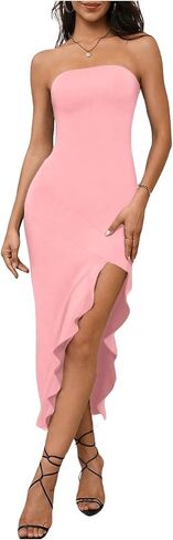 Floerns Women's Ruffle Slit Strapless Tube Dress Bodycon Split Thigh Club Dresses in Saudi Arabia